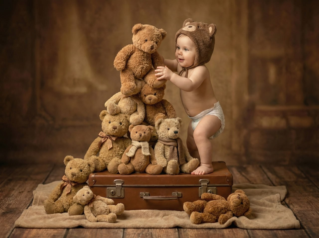 Малыш стоит у кресла с плюшевыми медведями