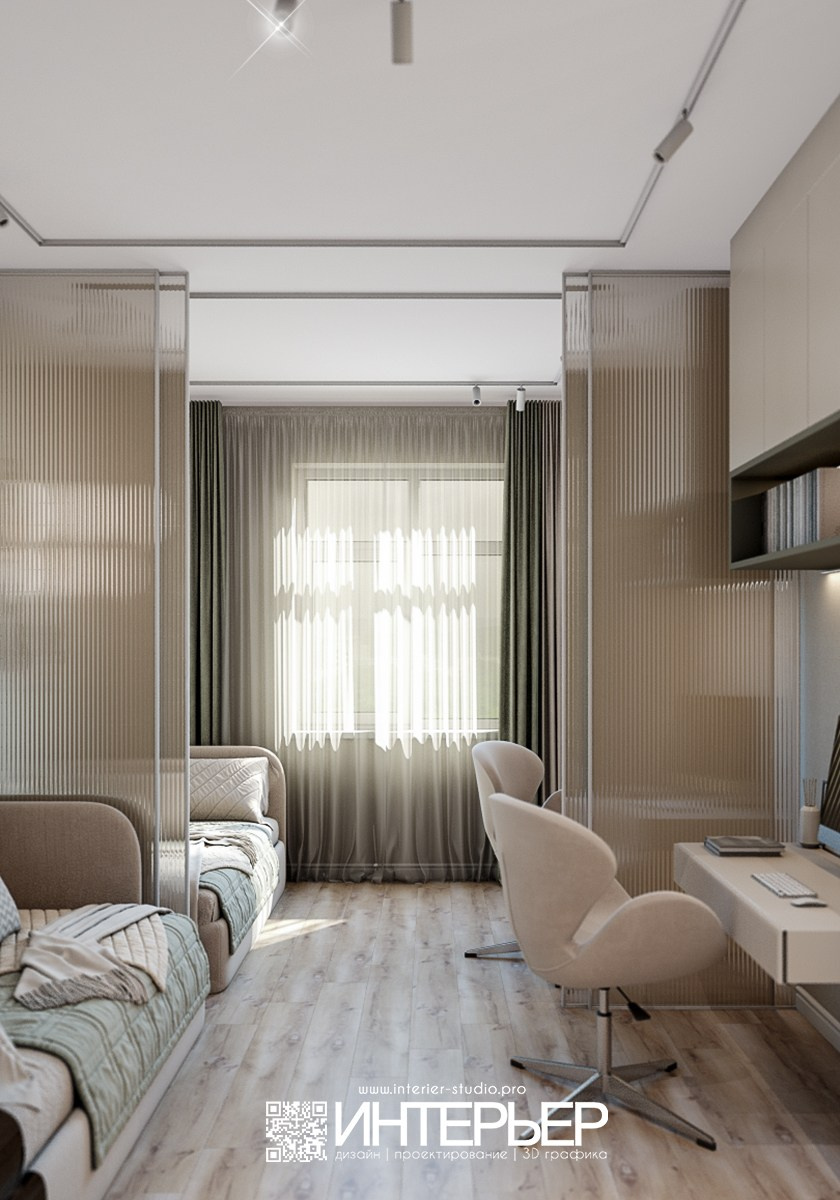 Спальня и детская Ольги. ЖК Парковый. Корректировки 23.01. Дизайн интерьера, 3D визуализация и 3D моделирование. Создание проектов и чертежей. КМВ: Кисловодск, Пятигорск, Ессентуки и удаленно