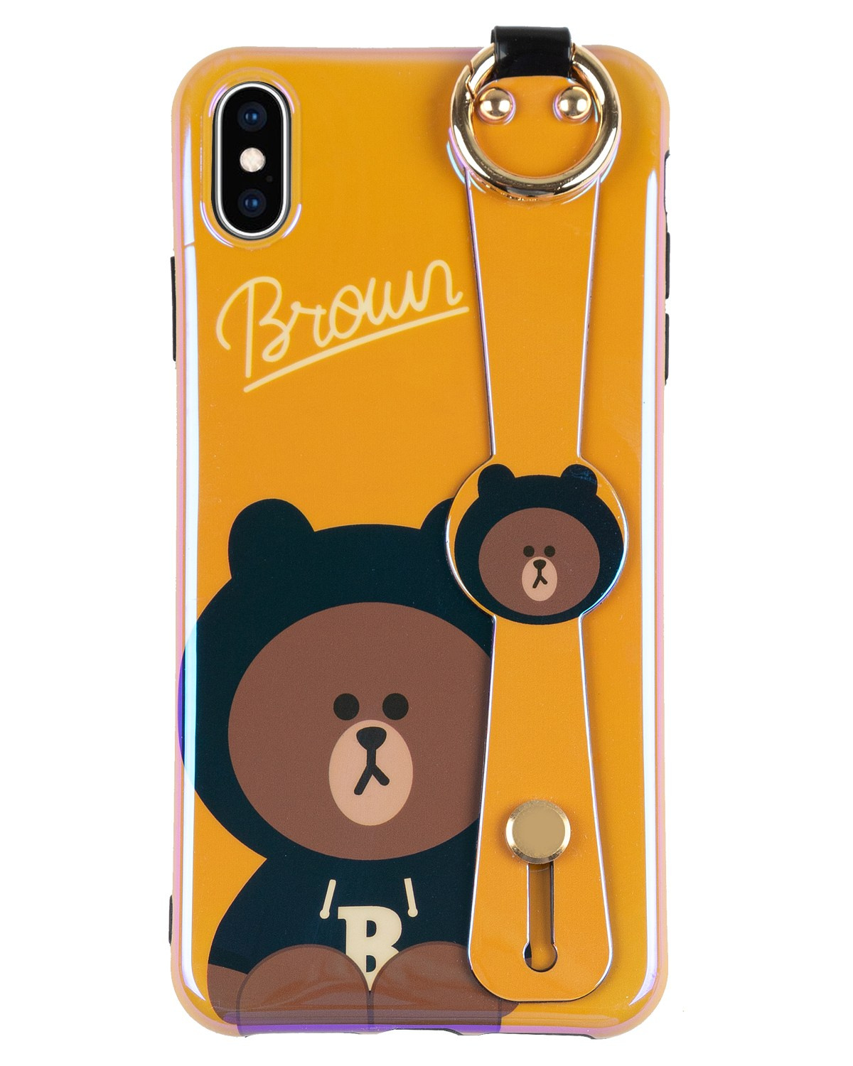 Чехол для смартфона желтый с логотипом мишка надпись на белом фоне