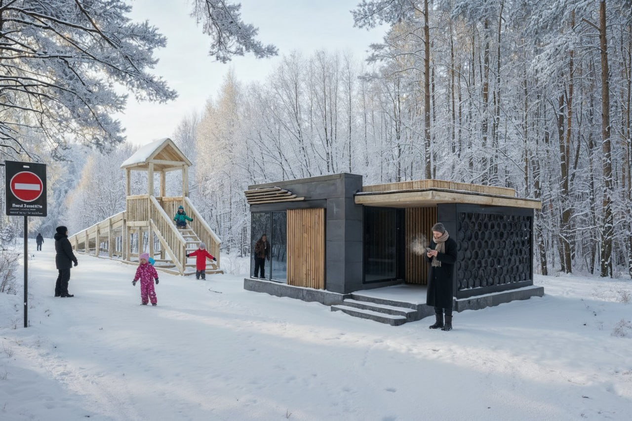 Зимняя сцена с современным павильоном и деревянной горкой в лесу; дети играют на снегу, взрослые гуляют рядом
