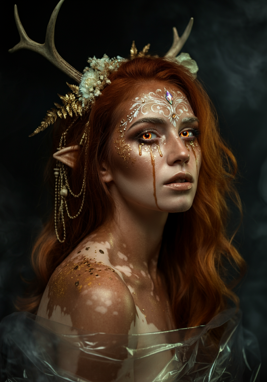 Красивая обнажённая фэнтези модель с витилиго. Женщина позирует в студии на тёмном фоне в художественном образе с рожками на голове