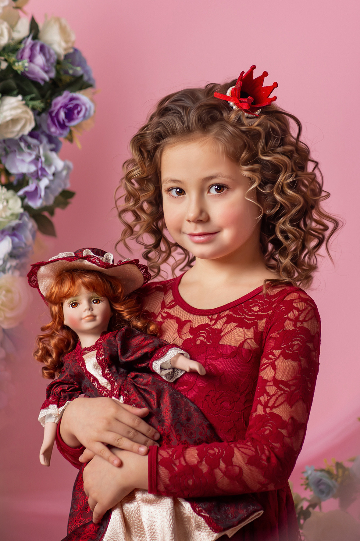 Костюмированная тематическая фотосессия в Темиртау Кукла. Девочка и кукла в бордовых нарядах.