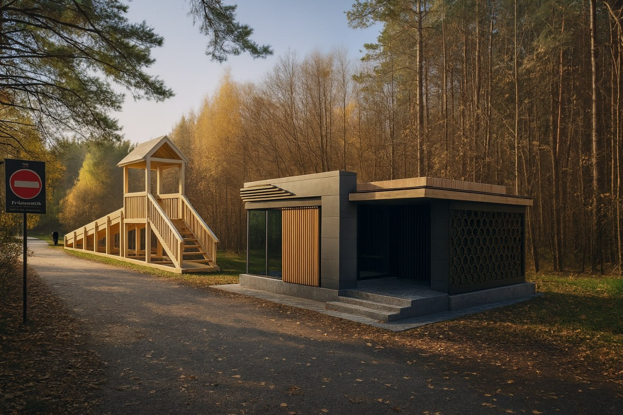 Современный павильон и деревянная игровая конструкция в лесу, выполненные в реалистичном виде