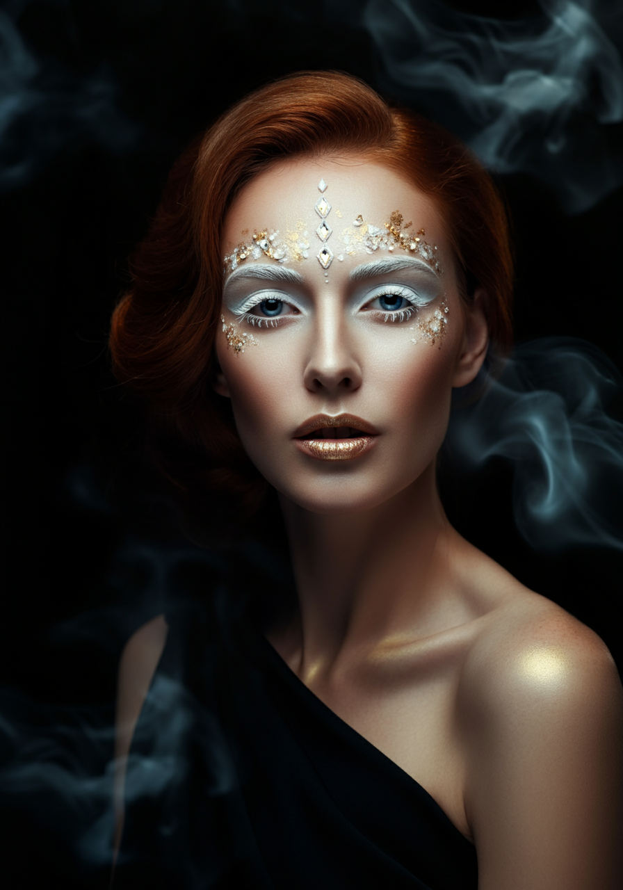 Щенщина за 30 с белыми ресницами, профессиональной укладкой волос, красивым макияжем и кристаллами Сваровски на лице