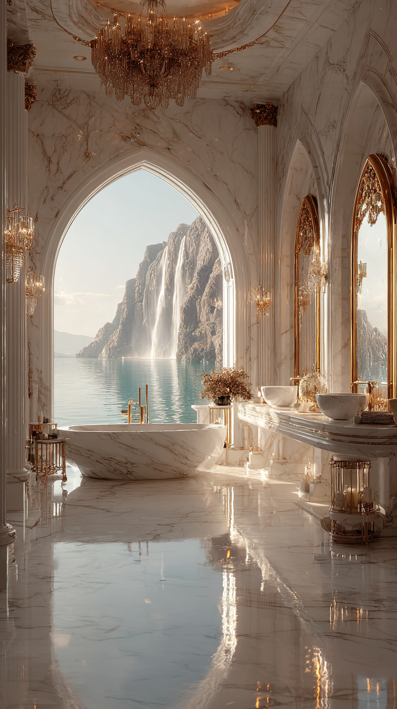 ИИ-сгенерированный интерьер с люксовой ванной и высококлассной сантехникой