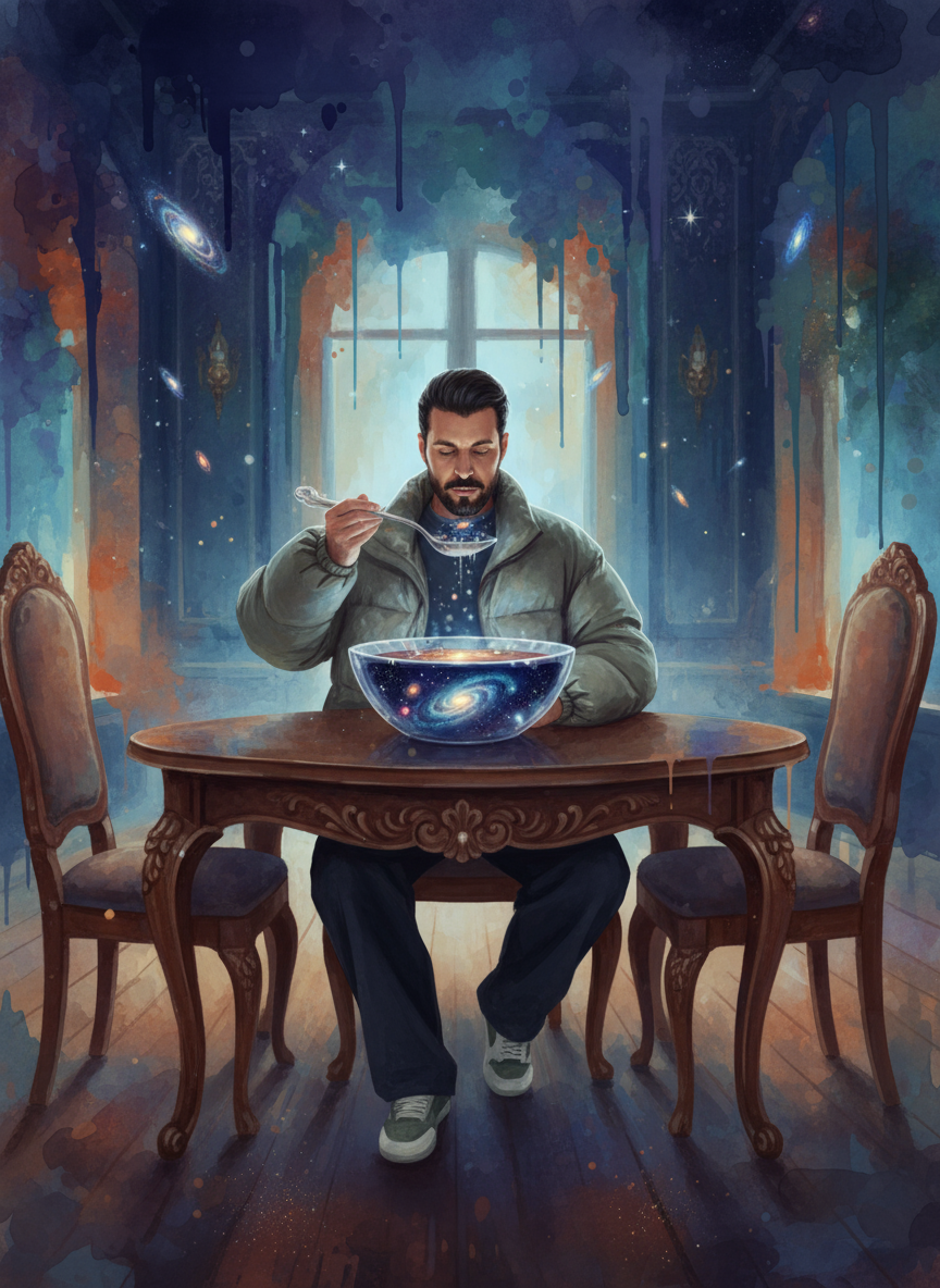 Нано банана бот справляется с любыми задачами, я придумал промт с сюрреалистичным сюжетом, где мой персонаж ест различные галактики из тарелки.