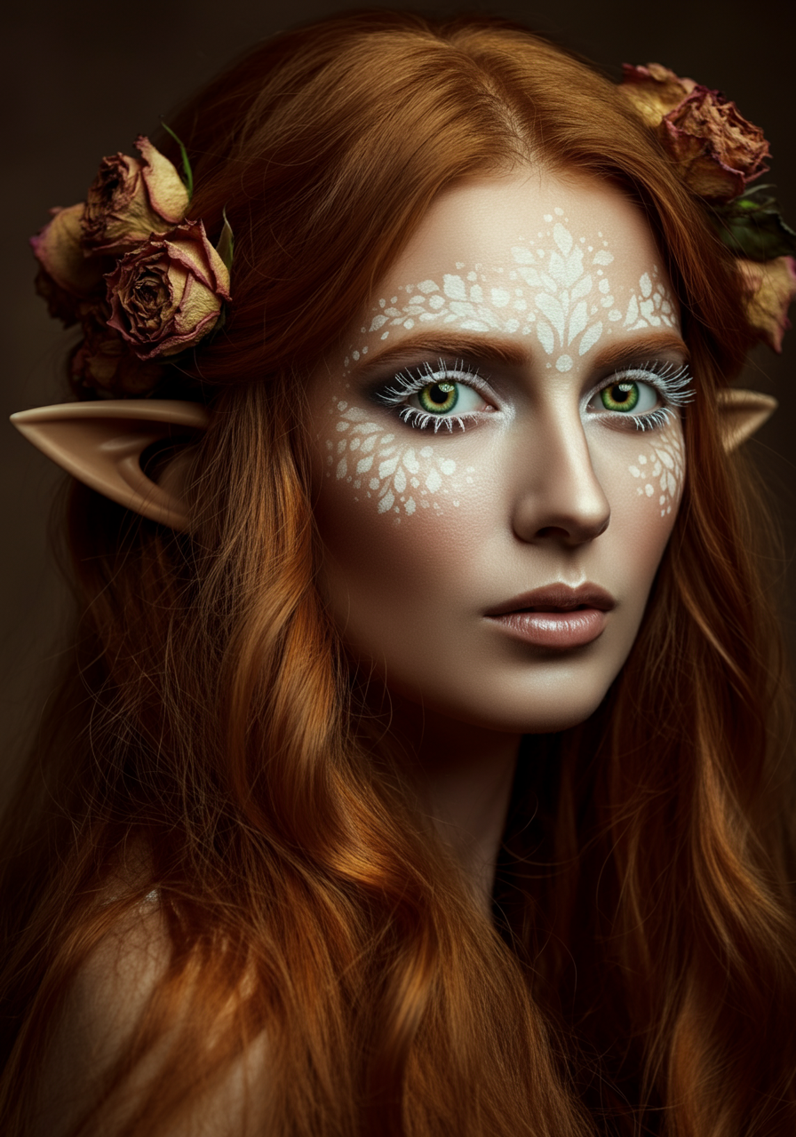 Женская фотосессия в стиле фэнтези. Портрет девушки с эльфийскими ушами, рыжими волосами, зелёными глазами с белыми ресницами и красивыми белыми узорами на лице.