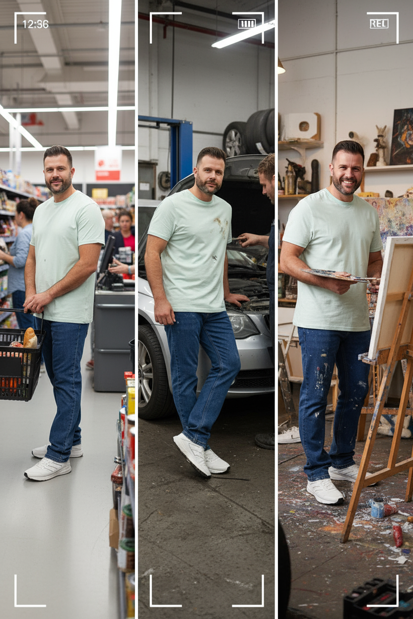 Эти фото бот нано банана сделал на различные запросы: Наш персонаж в магазине, в автомастерской, в художественной мастерской.