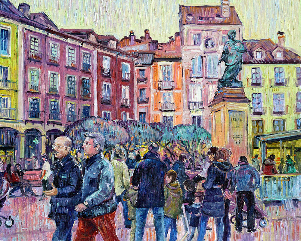 Animated conversation of passersby in the square in front of the monument.