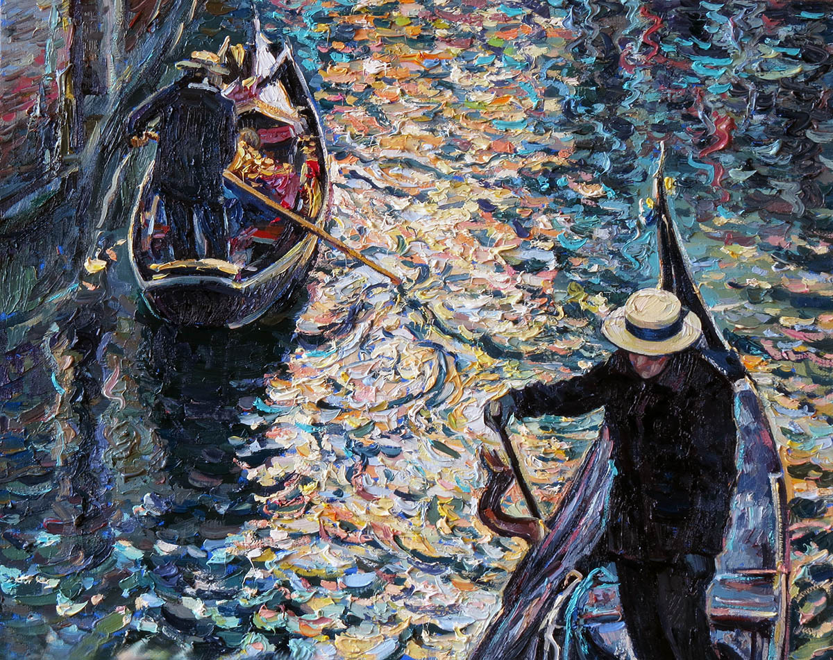 Two gondoliers meet in the canal, a picture with bold strokes