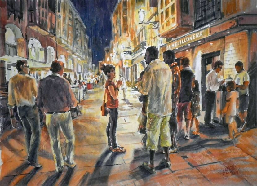 Street scene in front of the entrance to the bar La Mejillonera.