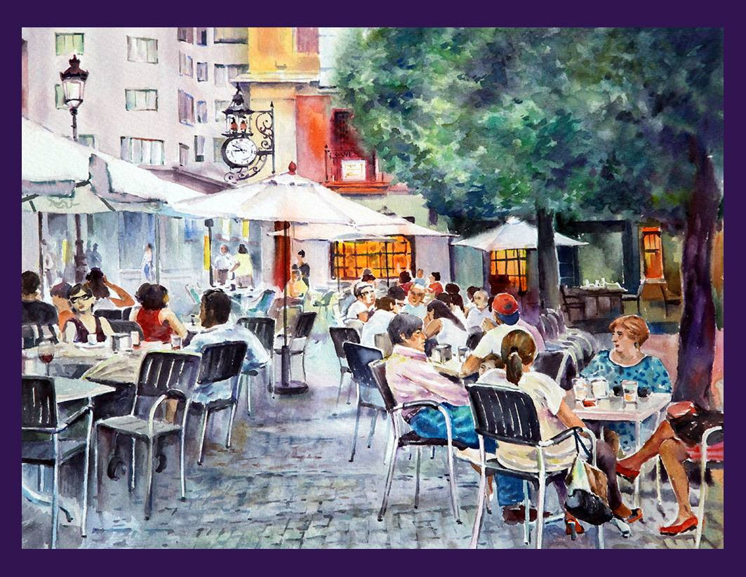 Terrace of a bar under the clock (watercolor)
