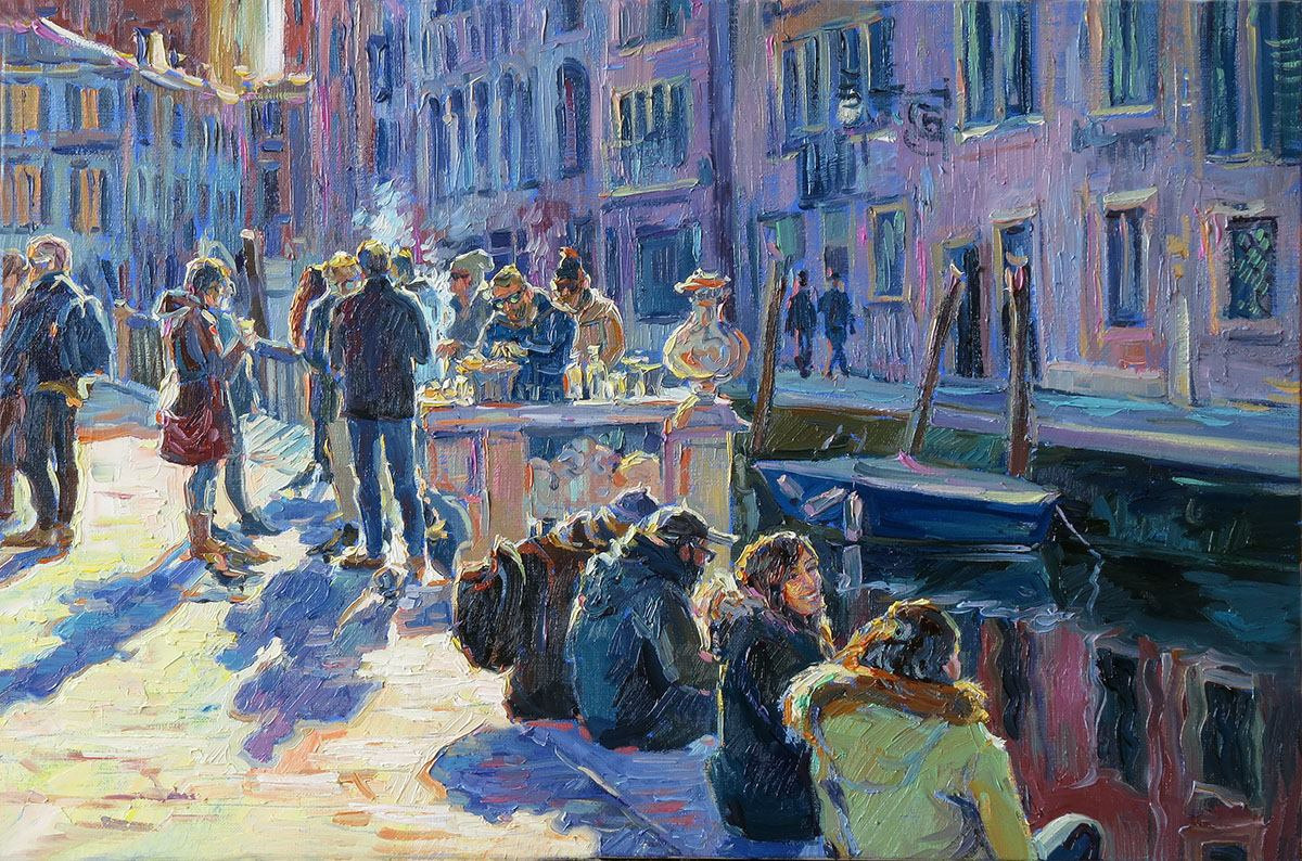 Lively conversation on the banks of a Venetian canal, a group of people smoking, snacking, and laughing