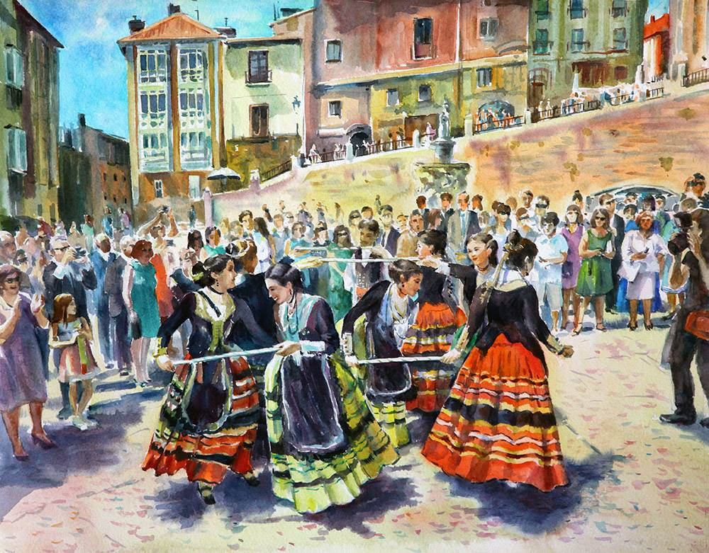 Dancing in regional traditional costumes on the square in front of the cathedral (watercolor)