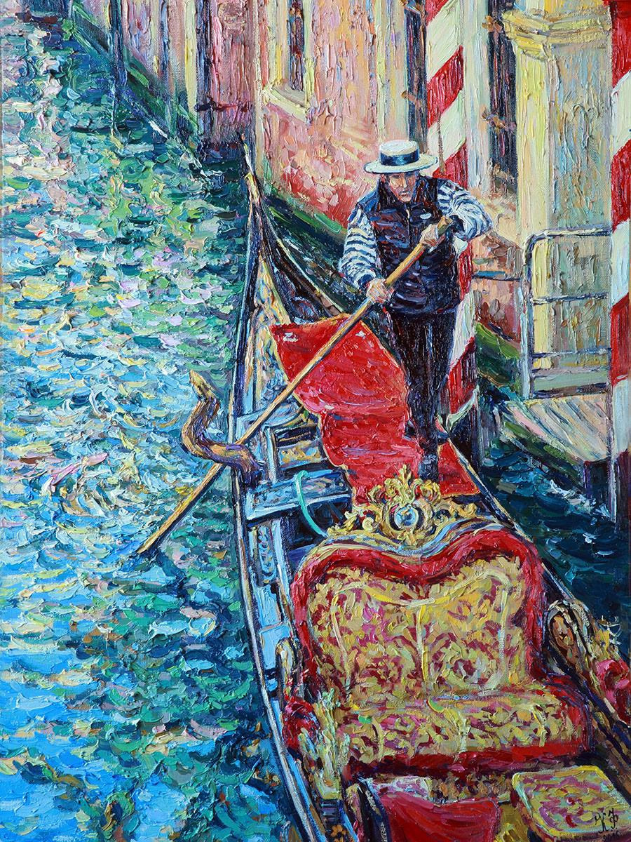 Gondola with patterned embroidered seat
