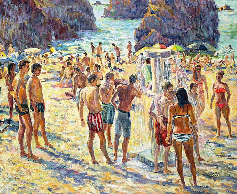 A beach shower, figures in bathing suits
