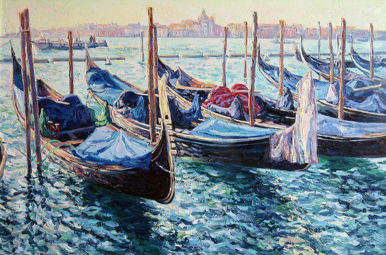 Moored pointed gondolas