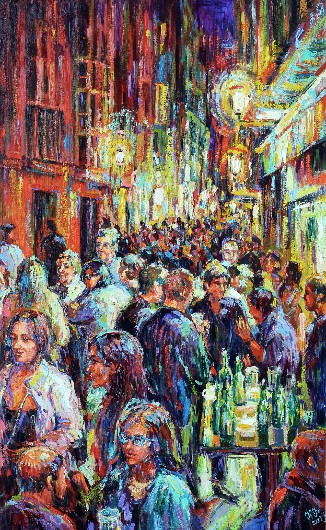 Crowds of people in a festive mood, beer bars, and beautiful lighting.