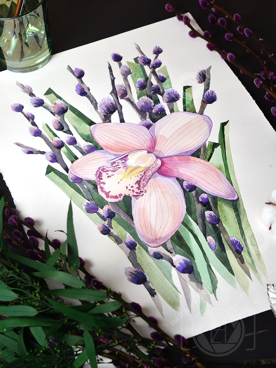 Букет вербы с орхидеей. ФотоКисточка. Акварель. Арт-галерея картин Анастасии Дерий