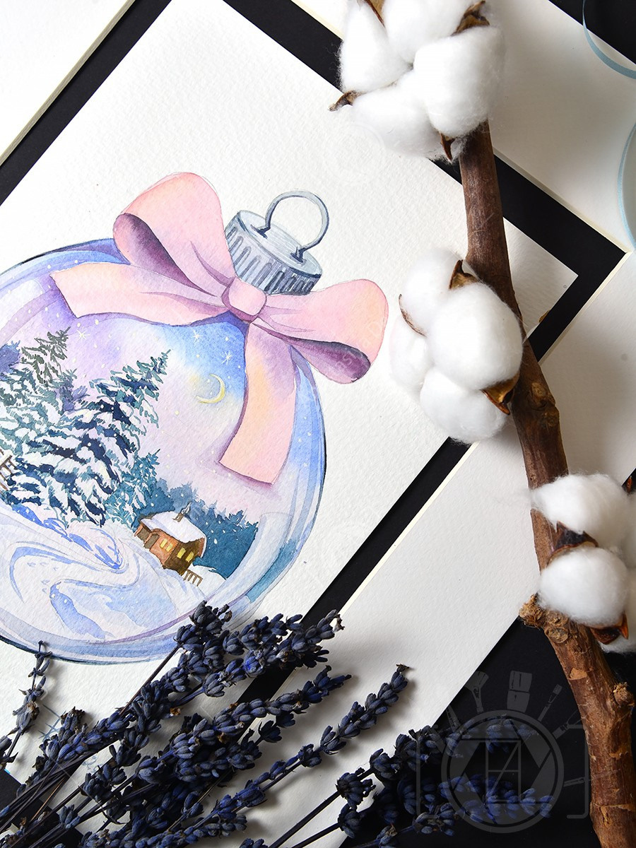 Зимний пейзаж в ёлочном шаре. ФотоКисточка. Акварель. Арт-галерея картин Анастасии Дерий
