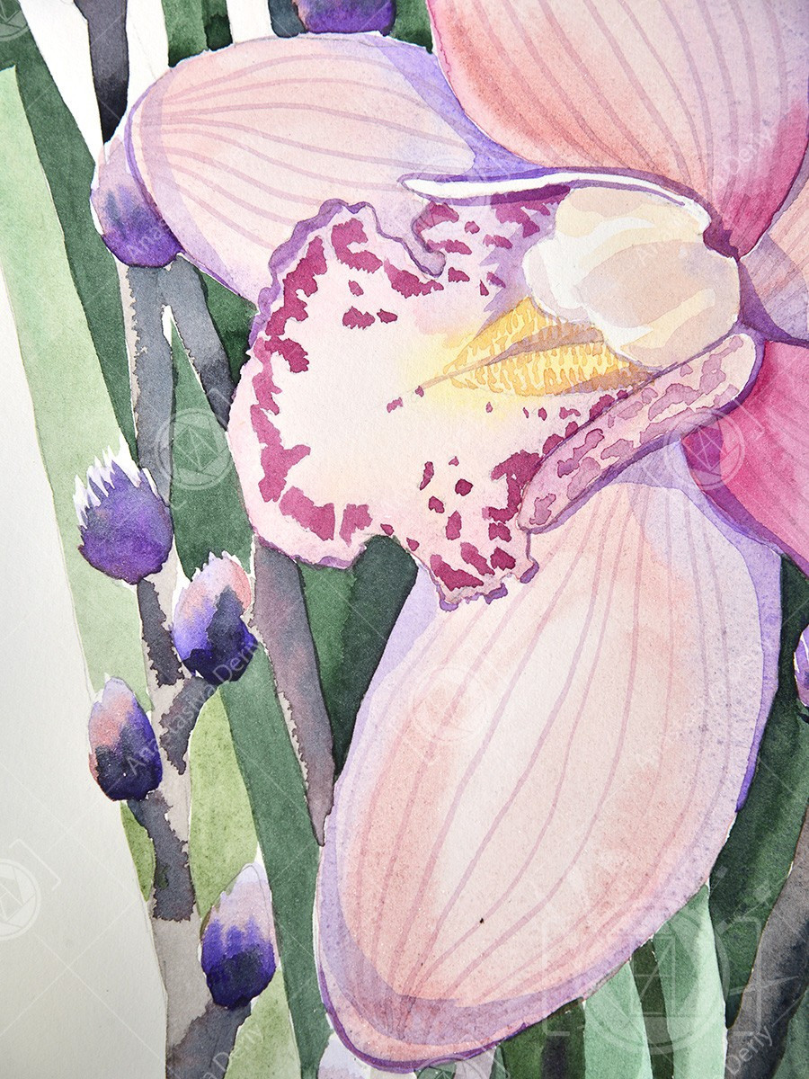 Букет вербы с орхидеей. ФотоКисточка. Акварель. Арт-галерея картин Анастасии Дерий