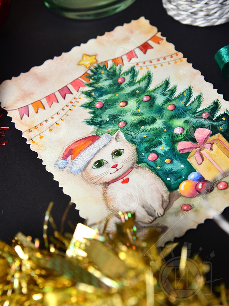 Котёнок под ёлочкой. ФотоКисточка. Акварель. Арт-галерея картин Анастасии Дерий