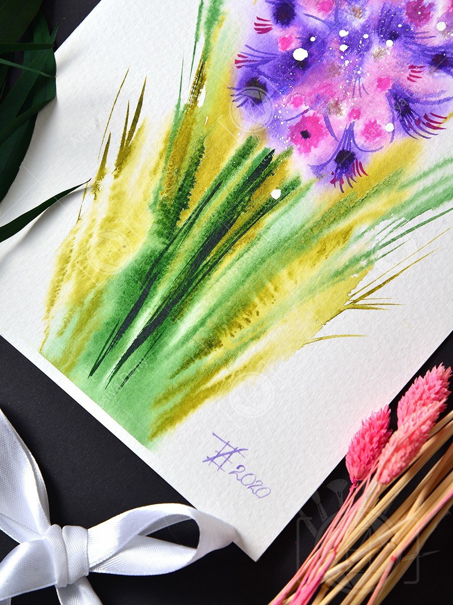 Букет с фиолетовым гиацинтом. ФотоКисточка. Акварель. Арт-галерея картин Анастасии Дерий