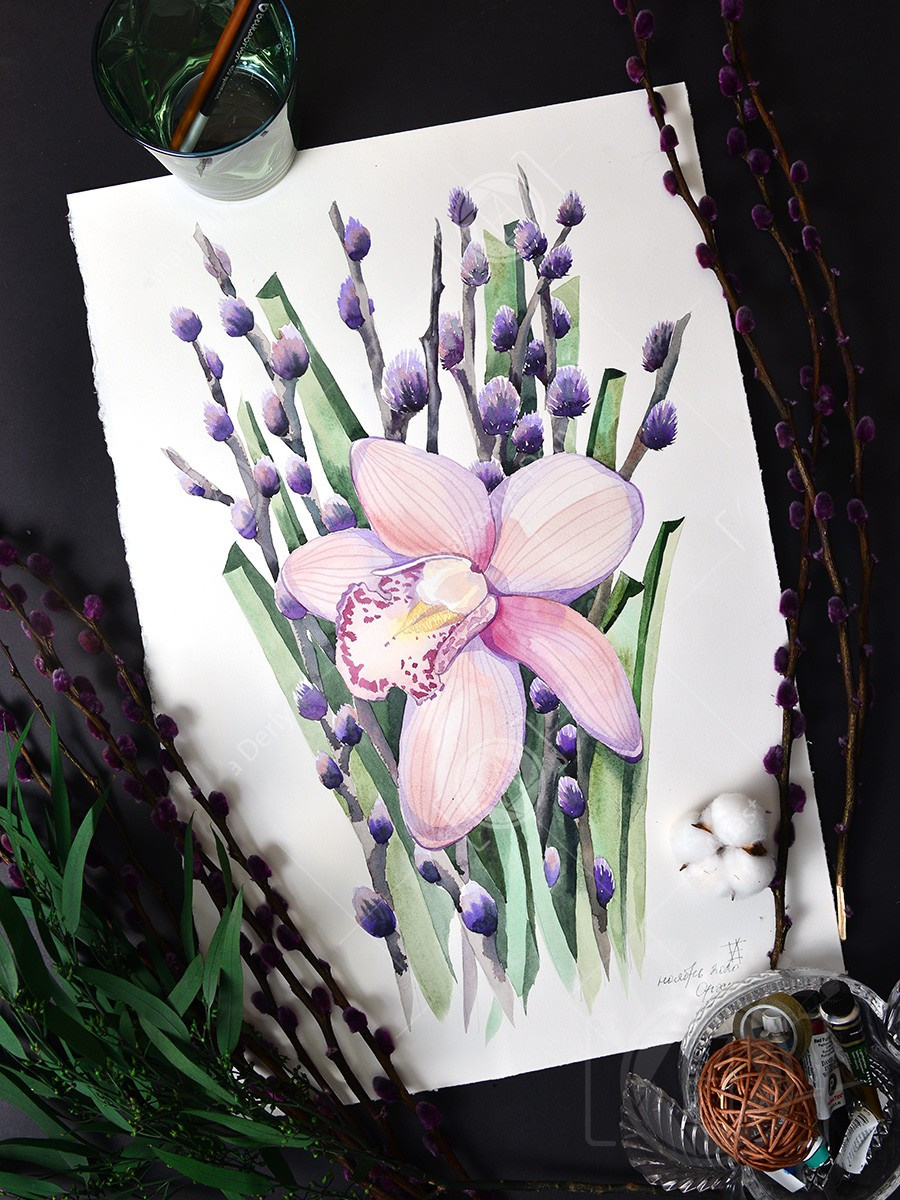 Букет вербы с орхидеей. ФотоКисточка. Акварель. Арт-галерея картин Анастасии Дерий