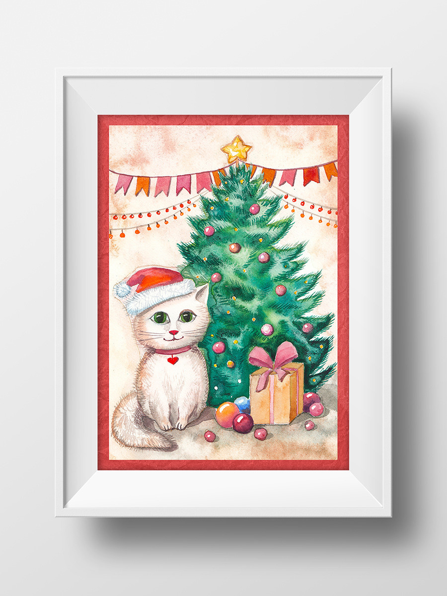 Котёнок под ёлочкой. ФотоКисточка. Акварель. Арт-галерея картин Анастасии Дерий