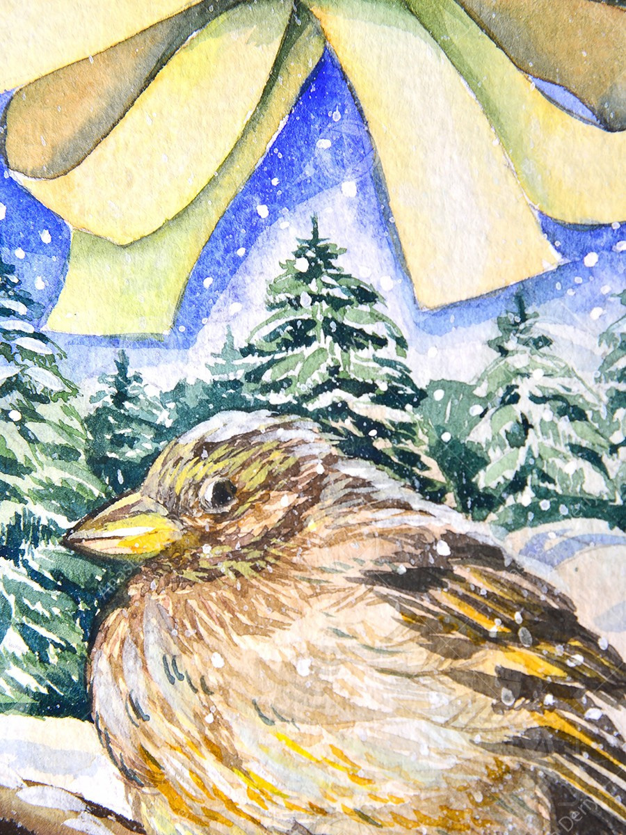 Воробушек в ёлочном шаре. ФотоКисточка. Акварель. Арт-галерея картин Анастасии Дерий