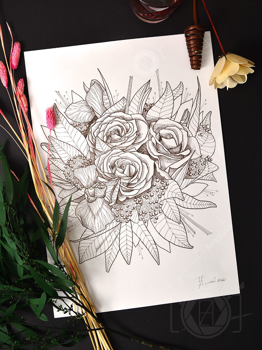 Букет с ирисами и розами. ФотоКисточка. Акварель. Арт-галерея картин Анастасии Дерий