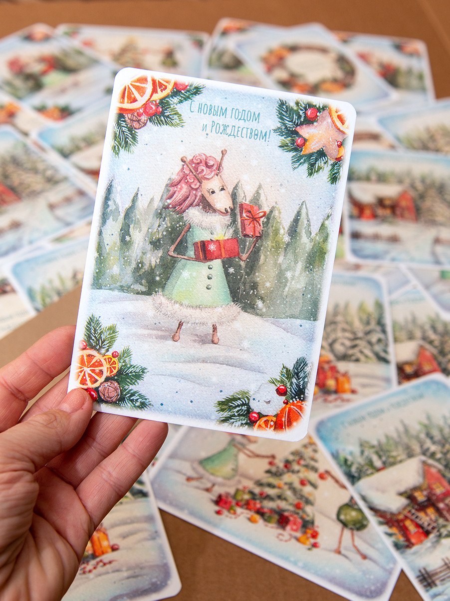 Новогодняя открытка «Барышня» 5 штук с конвертами. ФотоКисточка. Акварель. Арт-галерея картин Анастасии Дерий
