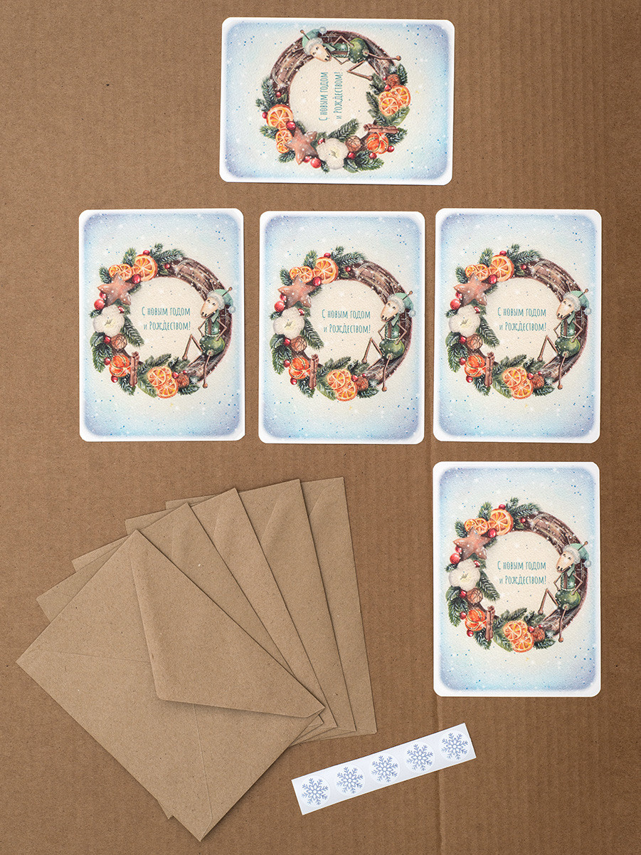 Новогодняя открытка «Венок» 5 штук с конвертами. ФотоКисточка. Акварель. Арт-галерея картин Анастасии Дерий