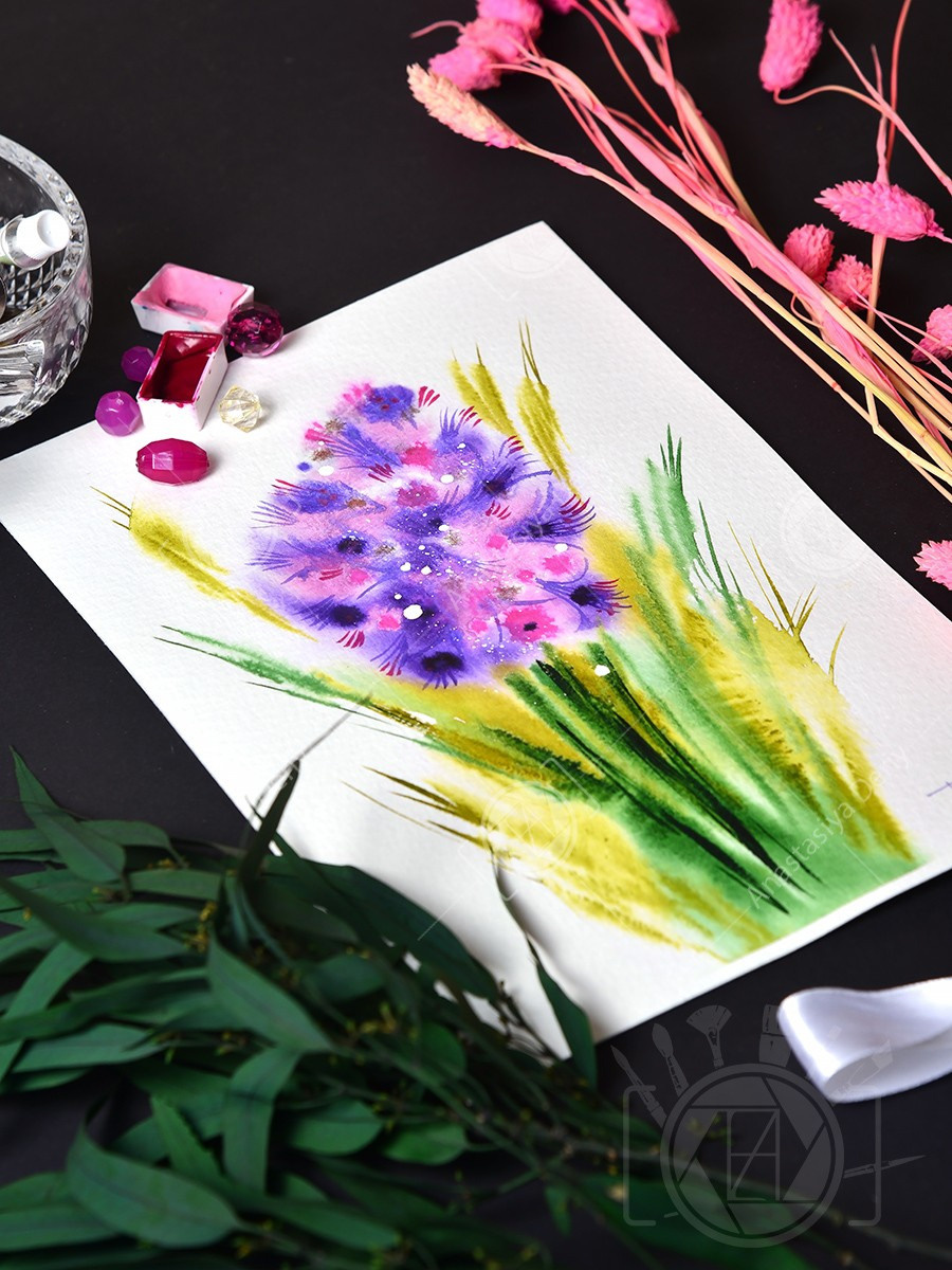 Букет с фиолетовым гиацинтом. ФотоКисточка. Акварель. Арт-галерея картин Анастасии Дерий