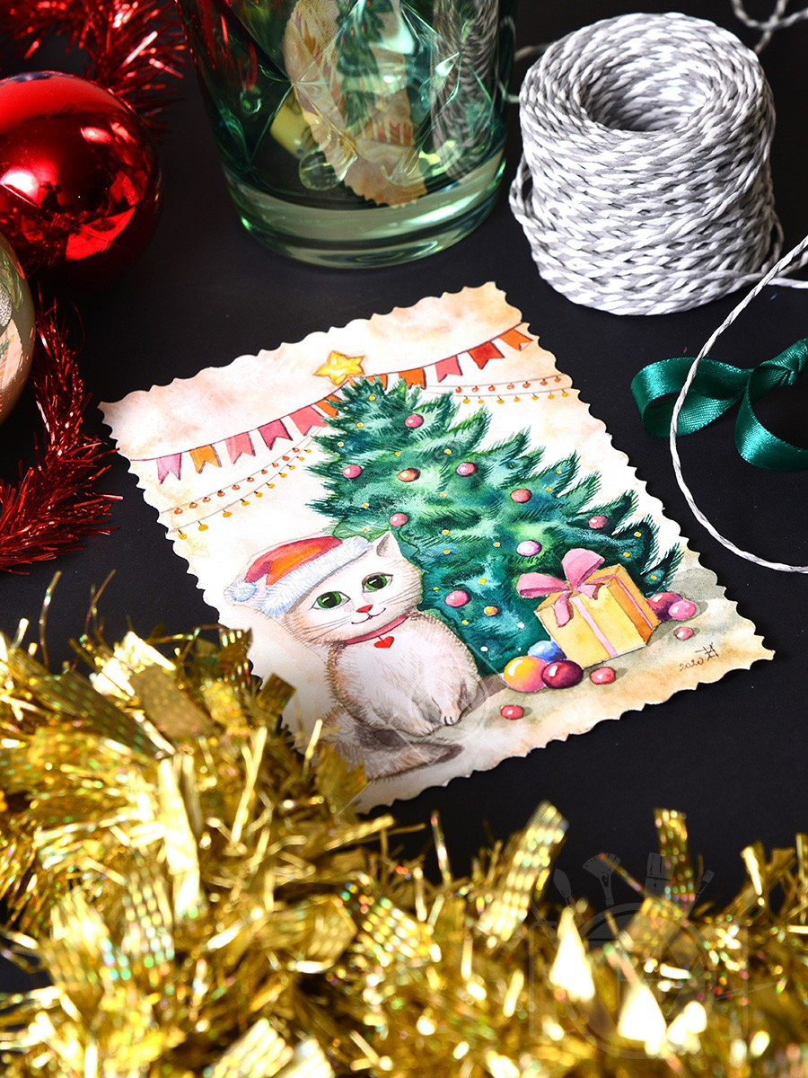 Котёнок под ёлочкой. ФотоКисточка. Акварель. Арт-галерея картин Анастасии Дерий