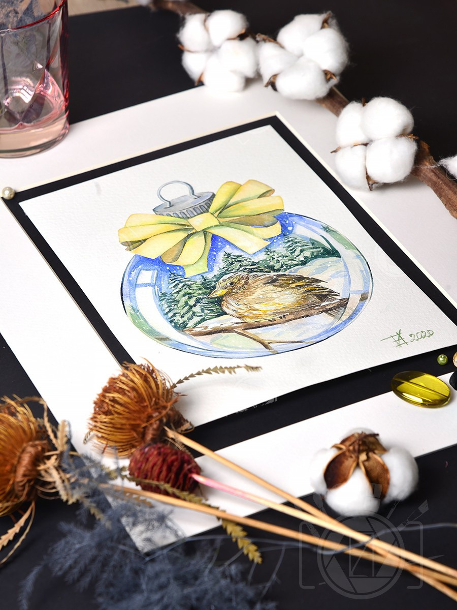 Воробушек в ёлочном шаре. ФотоКисточка. Акварель. Арт-галерея картин Анастасии Дерий