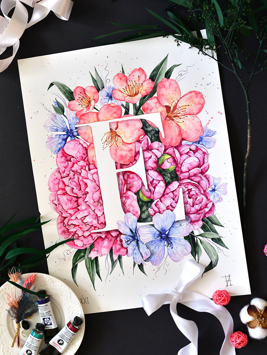 Цветочная буква «Е». ФотоКисточка. Акварель. Арт-галерея картин Анастасии Дерий