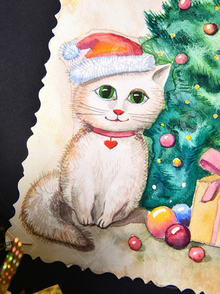 Котёнок под ёлочкой. ФотоКисточка. Акварель. Арт-галерея картин Анастасии Дерий