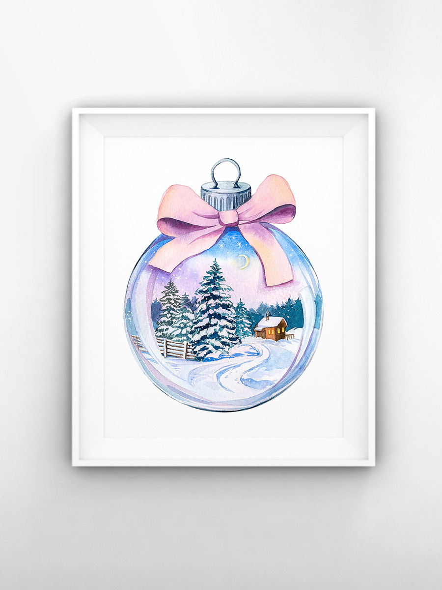 Зимний пейзаж в ёлочном шаре. ФотоКисточка. Акварель. Арт-галерея картин Анастасии Дерий