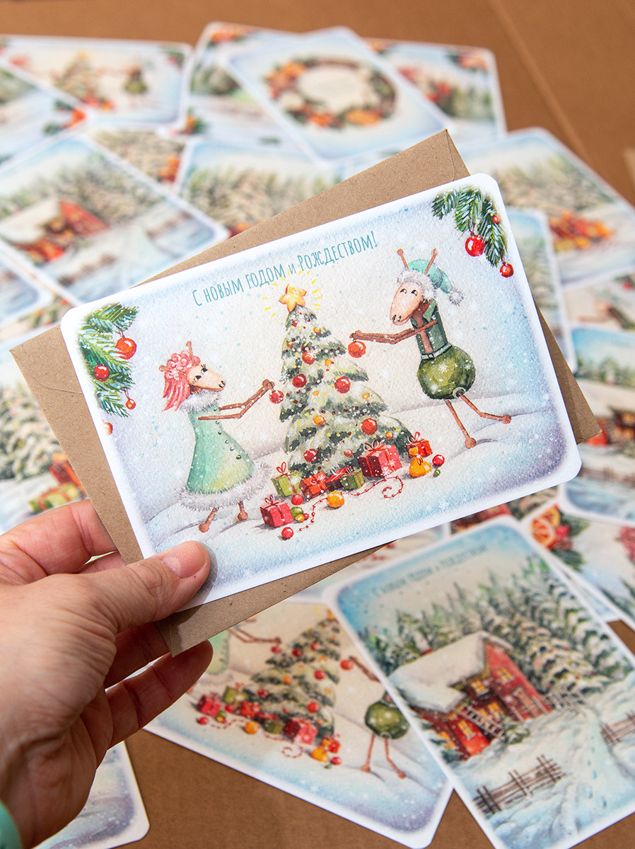 Новогодняя открытка «Ёлка» 5 штук с конвертами. ФотоКисточка. Акварель. Арт-галерея картин Анастасии Дерий