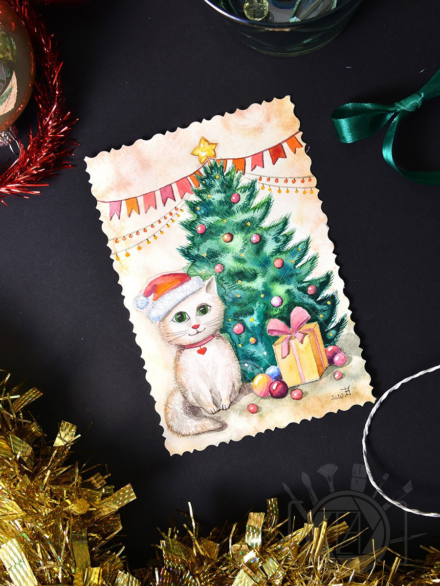 Котёнок под ёлочкой. ФотоКисточка. Акварель. Арт-галерея картин Анастасии Дерий