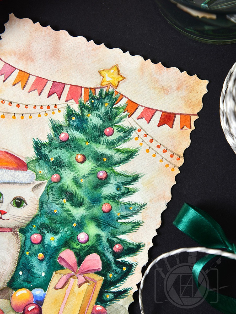 Котёнок под ёлочкой. ФотоКисточка. Акварель. Арт-галерея картин Анастасии Дерий