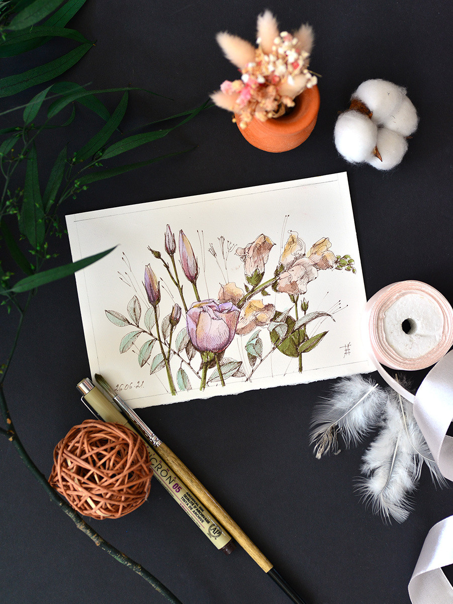 Цветочное ретро. ФотоКисточка. Акварель. Арт-галерея картин Анастасии Дерий