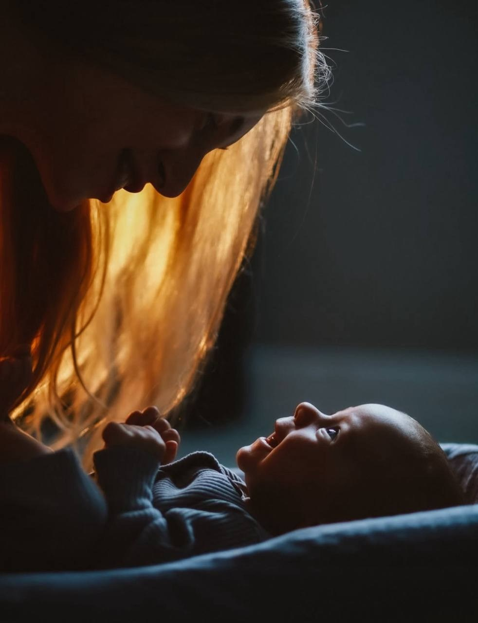 Мама нежно склоняется к малышу, который лежит и улыбается ей. Тёплый свет, уютная домашняя атмосфера.