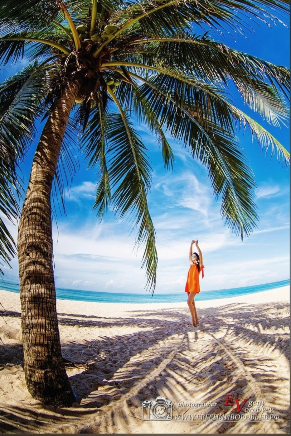 красивая девушка в длинном шикарном платье фотосесия на пляже Пхукета фотограф идея место поза пример фото с пальмой море пляж Ката Карон Найхарн Патонг Майкао Панва заказать фотосъёмку Phuket цена стоимость аренда прокат платья для фотосессии