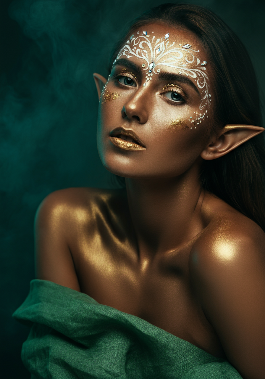 Фотосессия в эльфийском стиле с чувственной девушкой с бронзовым загаром, золотистой краской на коже, белыми узорами и кристаллами Сваровски на лице. Модель прикрывает грудь зелёной тканью, позади неё - тёмный фон с дымом. Референс для индивидуальной фотосессии