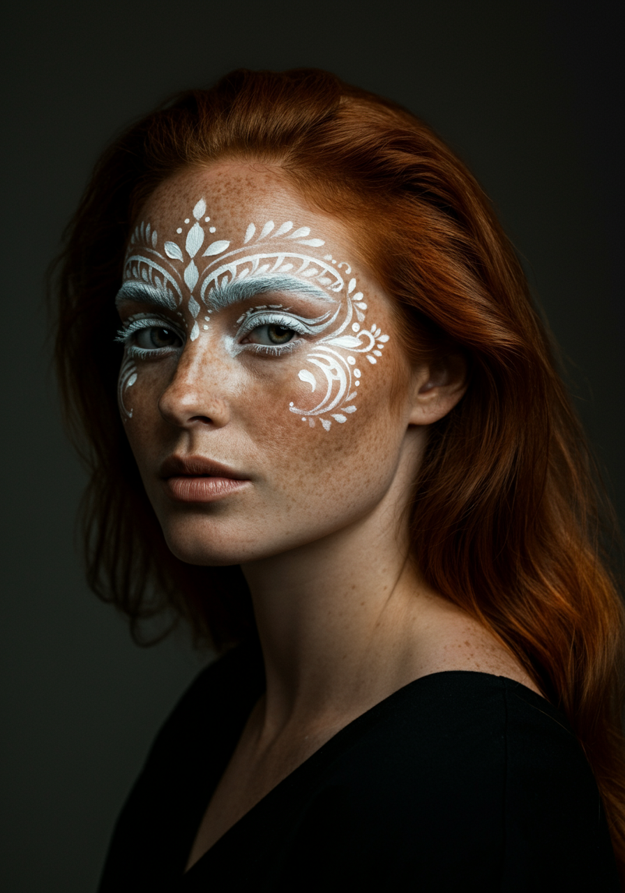Модель с белыми узорами на лице, белыми бровями и ресницами, загорелой кожей и тёмнм фоном сзади