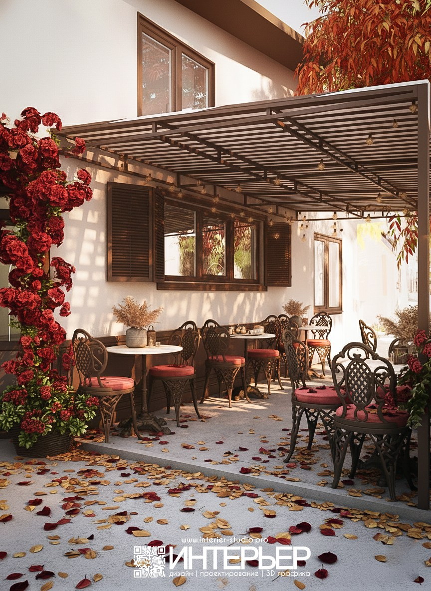Терасса уютной кофейни пер. Крепостной. Дизайн интерьера, 3D визуализация и 3D моделирование. Создание проектов и чертежей. КМВ: Кисловодск, Пятигорск, Ессентуки и удаленно
