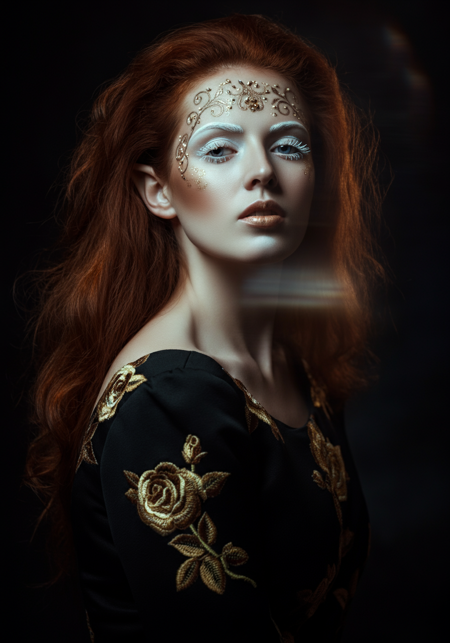 Концепт модной студийной фотосессии для девушки за 25 с белыми ресницами и узорами на лице