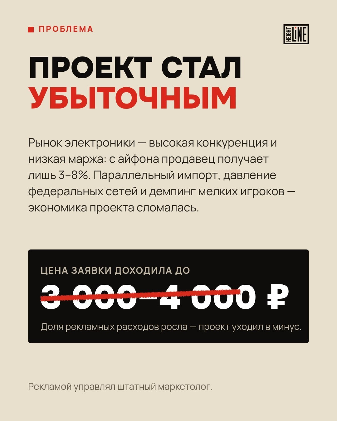 Слайд о проблеме в кейсе Height Line — магазин электроники стал убыточным, заявка до 4000 ₽